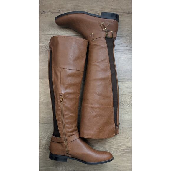 NEW Bar III Dolly Riding Boots 9.5 Brown Knee High Faux Leather Buckle Classic - Picture 4 of 12